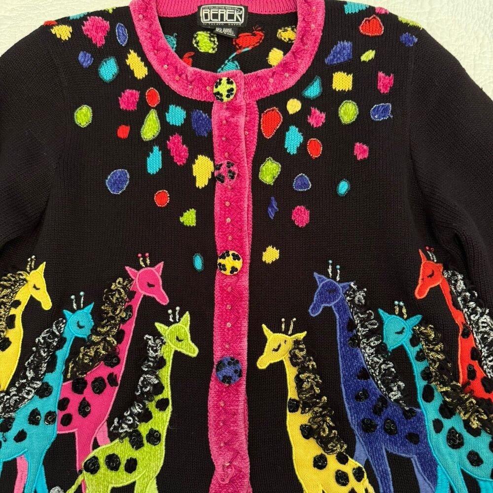 Vintage BEREK Giraffe Cardigan Sweater Women Size S Multi Stretch Knit Beaded - Picture 4 of 7